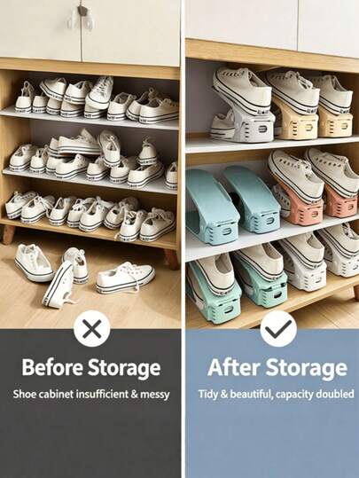 Adjustable Double-Deck Shoe Rack, Space-Saving Shoe Organizer Shelf, Stackable & Height Adjustable Shoe Storage Rack, Plastic Shoe Rack For Closet, Multiple Colors Available