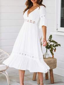 Vestido Mujer Elegante y Moderno Estilo Europeo Cuello Profundo con Encaje Aplique de Moda - Blanco - Ver 9