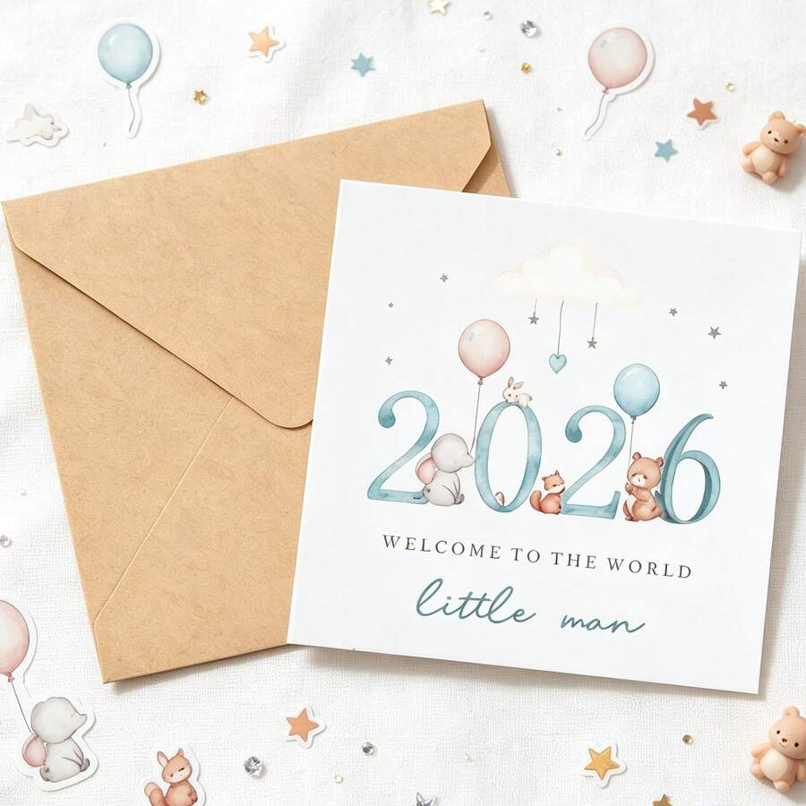بطاقة طفل ولد لعام 2026، مزودة بظرف من ورق الكرافت، بنمط حيوانات الغابة بأسلوب مائي، رسالة بركة الولادة "مرحبًا بك في هذا العالم"، بطاقة تذكارية للمولود الجديد باللون الأزرق الفاتح - A - مشاهدة 1