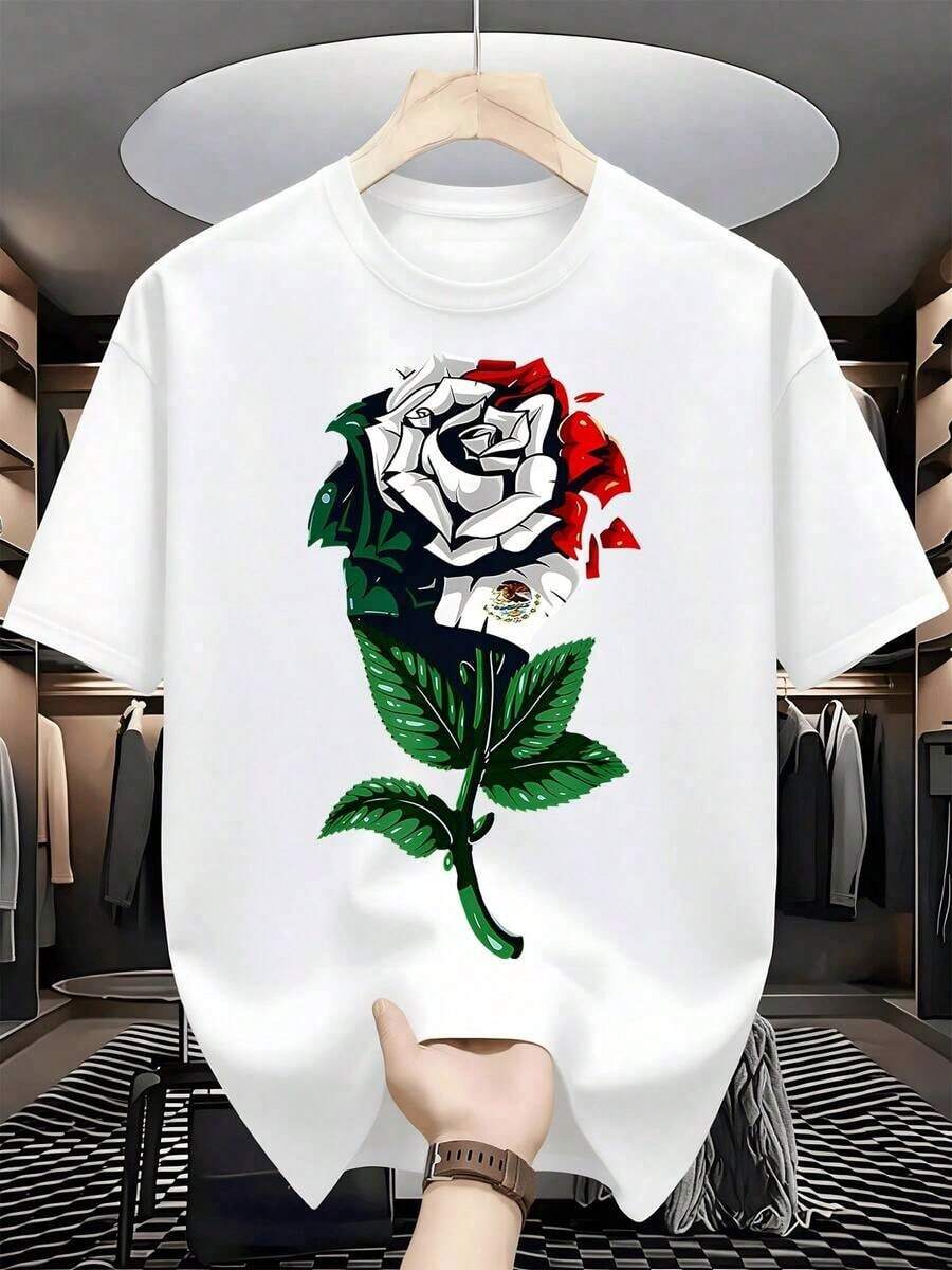 Rosa form por los colores de la bandera de México con pétalos blancos rojos y verdes que simbolizan unidad y orgullo nacional acompa?por hojas verdes vibrantes camiseta de hombre 100% algodón 220g - Blanco - Ver 1