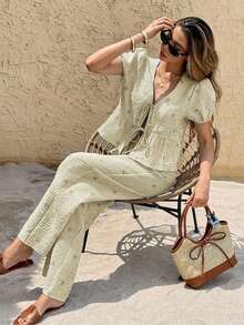Set de 2 piezas de blusa con manga abullonada y pantalón a rayas con lazo delantero para mujer, para el verano - Caqui - Ver 3