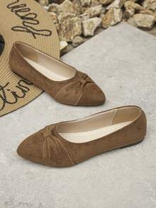 Wide Fit Women's Low Vamp Pointed Toe Low Heel Shoes, Dark Brown Suede Bow Decor Slip-On Mules, New Spring/Summer Casual Commute Flats, Comfortable Plus Size 36-43 - Dark Brown Velvet - Bow - View 8