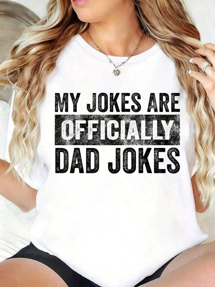 100% algodón, talla grande, 100% algodón, "Mis chistes son oficialmente chistes de papá", camiseta vintage divertida, estampado en camiseta, cuello redondo, manga corta, tela elástica, camiseta de verano. - Blanco - Ver 1