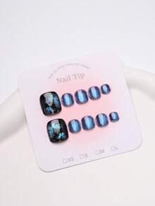 10pcs Square Short Press-On Fake Nails, Brilliant Blue Butterfly & Cat Eye Pattern Design, Minimalist Cute Whitening Artificial Nails, Suitable For Parties And Daily Wear, Comes With Jelly Gel And Nail File - Multicolor - View 3
