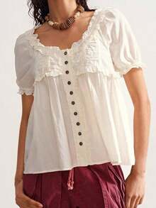 Blusa holgada de manga corta de unicolor tejida de estilo casual para mujer - Café integral - Ver 10