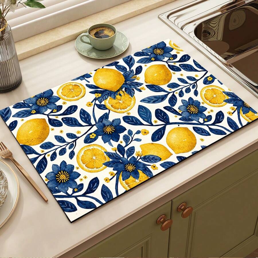 1 pieza Alfombrilla absorbente/secado con diseño de flor de limón para cafetera, vajilla - Alfombrilla protectora de escritorio absorbente de poliéster con almohadilla antideslizante de goma, para decoración de la encimera de la cocina, bar en casa y mesa de comedor - Multicolor - Ver 1
