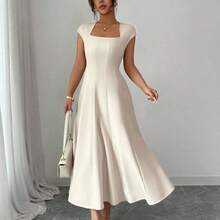 Elenzya Women's Elegant Commuting, Beach, Vacation, Music Festival, Beer Festival Solid Color Square Neck Waist Tie A-Line Short Sleeve Midi Dress, Spring/Summer - Rosa - Ver 4