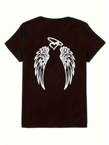 Camiseta casual de cuello redondo con elementos de alas y corazón estampados en ambos lados - Negro - Ver 3