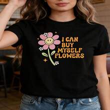 1 pieza clásica y versátil, camiseta de manga corta de algodón puro con dise?o floral de sonrisa para mujeres, estampado I CAN BUY MYSELF FLOWERS, estilo moderno - Negro - Ver 2
