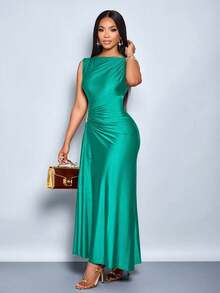 Vestido elegante de mujer con decoración de metal de unicolor, ajuste delgado, adecuado para el uso diario, compras, fiestas y reuniones - verde menta - Ver 4