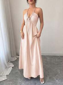 Vestido línea A con escote halter, cordones y espalda descubierta - Rosa 2 - Ver 3