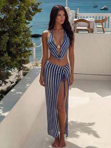 Swim Oasis Conjunto de 3 piezas de alta gama para mujer, que incluye: Top triangular sin espalda con cuello drapeado de tela de ganchillo, Bottom de bikini con decoración metálica y falda envolvente con abertura de la nueva colección Primavera/Verano 2026 - Azul - Ver 4