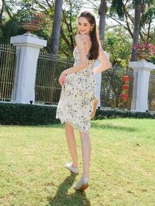 Vestido de tirantes con abertura lateral con estampado floral, blanco, elegante para vacaciones de verano - Blanco - Ver 2