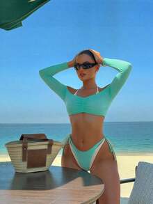 Conjunto de 3 piezas de traje de baño negro y blanco para mujer, conjunto de traje de baño casual y sexy de 3 piezas para resort de playa, conjunto de traje de baño de 3 piezas para mujer, Bottom de traje de baño para mujer, conjunto de playa negro y blanco para mujer - Verde 2 - Ver 2
