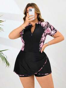 Swim  Nuevo traje de baño de una pieza elegante, traje de baño informal con estampado de hojas para mujeres de talla grande, traje de baño de una pieza para mujeres de talla grande, conjunto de shorts de dos piezas para mujeres de talla grande, traje de baño de una pieza para mujeres con curvas, conjunto de shorts para mujeres con curvas - Rosa Fucsia - Ver 6