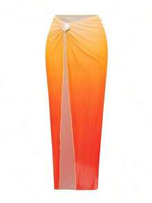 Swim  Conjunto de 3 piezas de traje de baño de mujer para vacaciones de verano, con falda de malla trenzada, estampado degradado y diseño informal - Naranja 2 - Ver 6