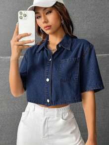 Camisa vaquera corta lavada informal para mujer - Azul lavado oscuro - Ver 8