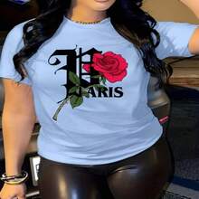 Camiseta Casual de Manga Corta para Mujer con Estampado de Rosa y Texto París, Cuello Redondo - Blanco - Ver 1