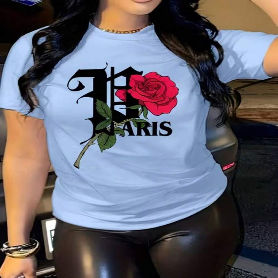 Camiseta Casual de Manga Corta para Mujer con Estampado de Rosa y Texto París, Cuello Redondo - Blanco - Ver 1