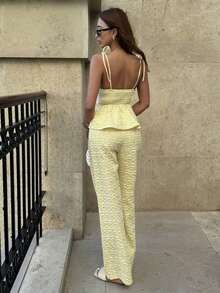 Conjunto de 2 piezas de top de tirantes y pantalones de estilo jacquard elegante para mujer, para verano - Amarillo 2 - Ver 3