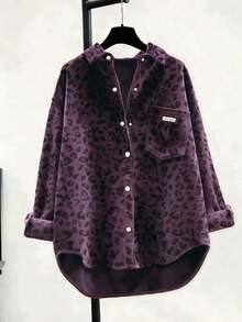 Camisa de manga larga con botones, bolsillos y estampado de leopardo de pana para vacaciones - Morado - Ver 5