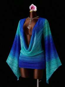 Zestiva 1 pieza Vestido de playa para mujer, tela transparente degradada fucsia, escote pronunciado drapeado, mono ajustado, manga larga corte holgado, estilo casual de resort de verano sexy - Azul - Ver 1