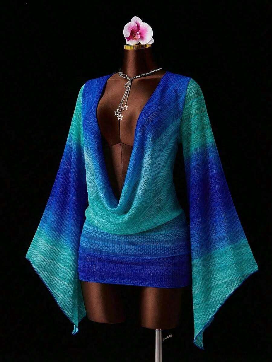 Zestiva 1 pieza Vestido de playa para mujer, tela transparente degradada fucsia, escote pronunciado drapeado, mono ajustado, manga larga corte holgado, estilo casual de resort de verano sexy - Azul - Ver 1