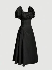 Vestido amarillo de longitud media con mangas de pétalos y cintura con lazo - Negro - Ver 4