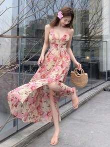 Vestido de verano con estampado floral, escote en V, espalda descubierta y tirantes finos para mujer.Conjunto de ropa de crucero, vestido de playa, atuendo de vacaciones, atuendo de Pascua con estilo bohemio - Rosa - Ver 11