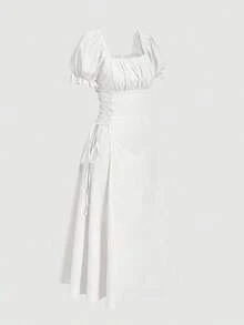 Vestido amarillo de longitud media con mangas de pétalos y cintura con lazo - Blanco - Ver 4