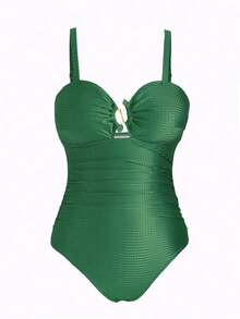 Traje de baño de una pieza con tirantes finos, cuello bajo y estampado de jacquard verde, talla grande talla, con pareo como conjunto de traje de baño de 2 piezas para vacaciones informales - verde oscuro - Ver 3
