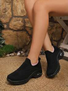 Giày thể thao nữ thoáng khí, kiểu dáng slip-on, đế cao, có đệm khí, thích hợp đi bộ hoặc mang như tất. - nr1855 Màu đen hồng - Xem 2