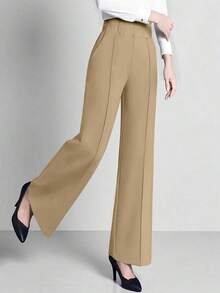 2025 Pantalones rectos de cintura alta relajados de estilo minimalista versátil, adecuados para el trabajo y el uso diario, color negro - Caqui - Ver 3