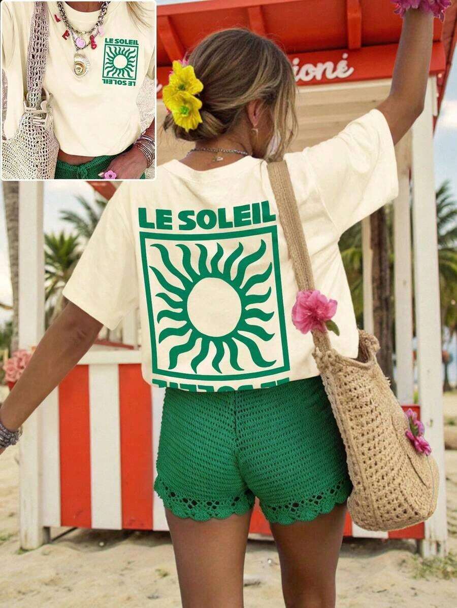 Camiseta de Mujer LUNE, Camiseta de Manga Corta con Estampado Gráfico Estilo Casual Urbano, Bonito Top de Verano, Conjuntos de Ropa de Vacaciones para Mujer, Conjuntos de Ropa de Verano para Mujer, Conjunto de Playa para Mujer, Conjuntos de Ropa de Primavera para Mujer, Conjuntos de Ropa de Vacaciones para Mujer, Conjunto de Primavera para Mujer, Conjuntos de Ropa de Verano para Mujer, Conjunto de 1 Piezas para Mujer, Conjunto Casual Marbella, Inspiración de Moda - Albaricoque - Ver 1
