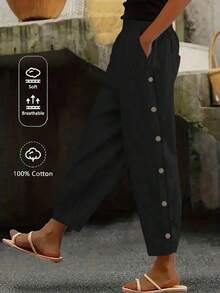 Pantalones casuales de mujer con decoración de botones y bolsillos en diagonal - Negro - Ver 12