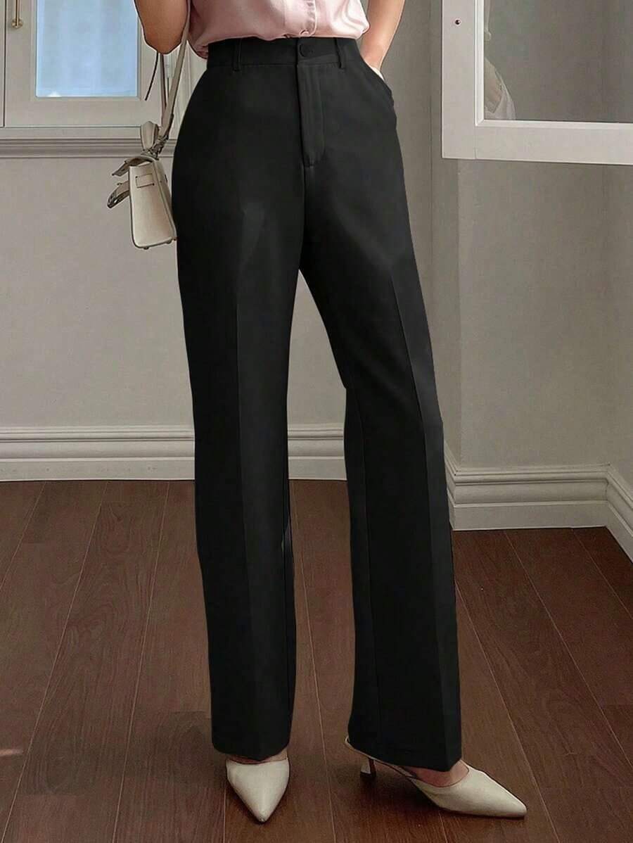 Pantalones casuales de mujer con bolsillo delantero liso, estilo casual de negocios, pantalones de vestir de mujer de talle bajo - Negro - Ver 1