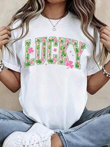 Vintage2026 Nueva Llegada Camiseta de Verano con Temática de Pascua para Mujer 2026 Nueva Llegada Camiseta de Verano con Temática de Pascua para Mujer Camiseta de la Suerte para el Día de San Patricio para Mujer Camiseta Gráfica de Algodón Blanco con Diseño de Trébol Rosa y Verde para Uso Festivo Pascua Conejo De PascuCamiseta Gráfica - Blanco - Ver 1