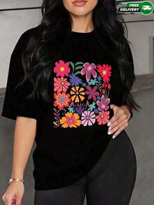 Women's Short-Sleeved T-Shirt With A Round Neck, Relaxed Fit, And A Colorful Floral Print Featuring Various Designs On The Front. Suitable For Everyday Wear, Casual Outings, Weekends, Vacations, Outdoor Activities, And Informal Gatherings. Made Of Polyester, It Has A Fresh, Casual, Urban Style, Perfect For Spring And Summer. Domestic Shipping Available. - 黑色 - 查看 7