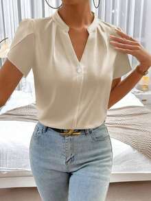 Blusa blanca de verano casual de unicolor con cuello de muesca, blusas y blusas para mujeres, blusas casuales modernas para el verano, blusas para trabajar, blusas de verano, blusas elegantes para damas, camisas de verano para mujeres, blusas c - Albaricoque - Ver 3