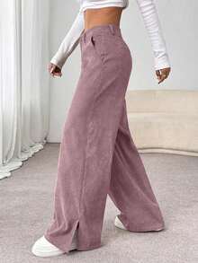 Unity Pantalones largos rectos y sueltos con abertura lateral de pana de moda casual para otoño/invierno para mujeres - Negro - Ver 8