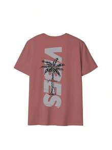 Women's Short-Sleeved T-Shirt With A Round Neck And Minimalist Palm Tree Print. Simple And Versatile, Suitable For Everyday Wear And Vacations. Printed T-Shirt, Women's, White, Black, Pink, Summer Vacation - 磚紅色 - 查看 4