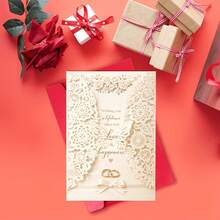 Elegant Wedding Card, Adorned With Lace Flowers And Butterflies, Featuring "Love And Happiness" Golden Foil Circle Design, Suitable For Grooms And Brides, Couples' Anniversary, Engagement Gift Card, With Envelope - 卡其色 - 查看 6