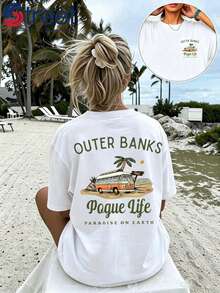 Envío Gratis, Camiseta de Algodón con Estampado de Autobús, Estilo Retro Europeo y Americano, Manga Corta Holgada, Estilo Vacaciones en la Playa, Ropa Casual Transpirable de Verano, Atuendo para Fiesta, Diseño Estampado a la Moda, Textura Suave, Imprescindible para los Entusiastas.2026-Ropa Bonita, Conjuntos para Conciertos, Vestidos de Verano para Mujer - Blanco - Ver 1