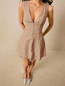 Vestido corto de mujer sin mangas de cuello en V profundo de unicolor minimalista - Caqui - Ver 5