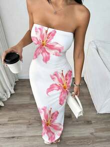 Vestido midi ajustado bandeau con estampado floral, estilo de vacaciones en la playa para mujer - Multicolor 2 - Ver 6