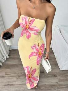 Vestido elegante con estampado floral sin tirantes y ajustado, adecuado para vacaciones - Multicolor 5 - Ver 6