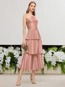 PREMIUM Vestido De Un Hombro Ajustado Tejido Con Pliegues - Rosa - Ver 4