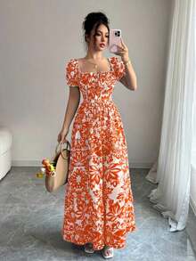 Nuevo Vestido Largo Elegante de Mujer con Mangas de Globo de Estampado Digital, Nudo Delantero, Recorte Trasero en la Cintura, Favorecedory Encantador para Vacaciones y Citas Nocturnas - Naranja - Ver 8