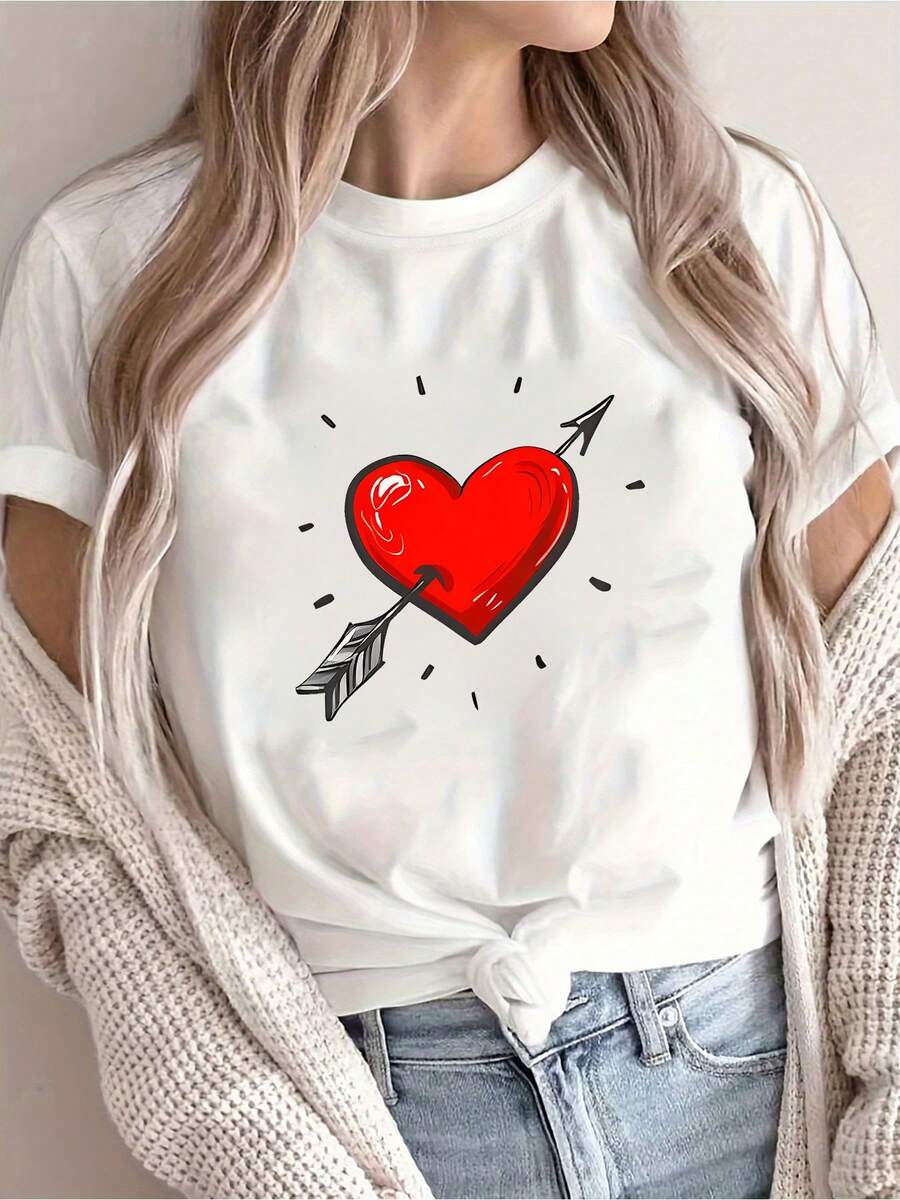 Summer Valentine'S Day Women Clothing Featuring A Heart Design With Cupid'S Arrow Durable Print And Casual Everyday Style - 白色 - 查看 1