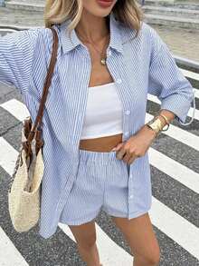 Conjunto de camisa y pantalones cortos de rayas verticales de moda para mujer - Azul - Ver 6